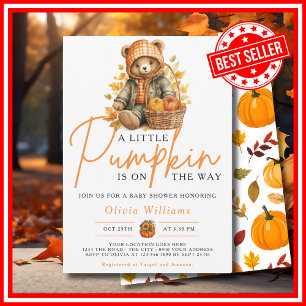 A Little Pumpkin Fall Autumn CUTE BEAR Baby Shower Invitation