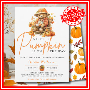 A Little Pumpkin Fall Autumn CUTE BEAR Baby Shower Invitation