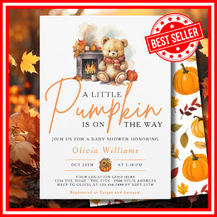 A Little Pumpkin Fall Autumn CUTE BEAR Baby Shower Invitation
