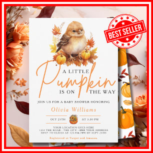 A Little Pumpkin Fall Autumn CUTE BIRD Baby Shower Invitation