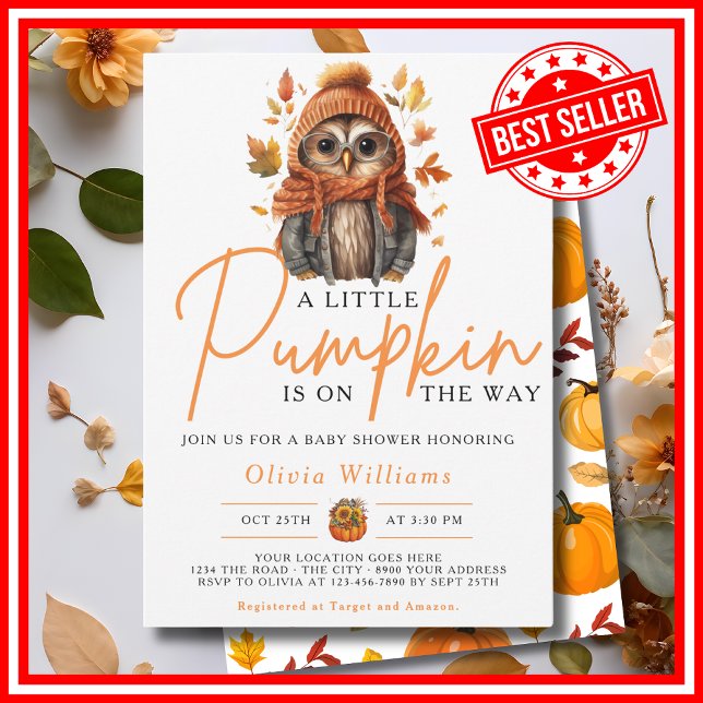 A Little Pumpkin Fall Autumn CUTE OWL Baby Shower Invitation (A Little Pumpkin is on the Way Fall Autumn CUTE OWL Baby Shower Invitation)