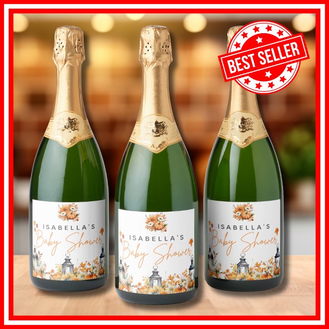 A Little Pumpkin Fall Autumn Floral Baby Shower Sparkling Wine Label (A Little Pumpkin is on the Way Fall Autumn Floral Baby Shower Sparkling Wine Labels)