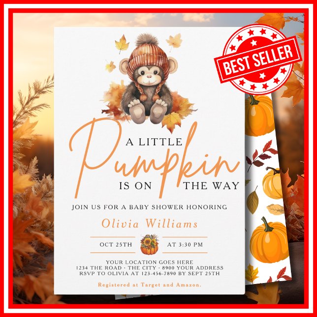 A Little Pumpkin Fall Autumn MONKEY Baby Shower Invitation (A Little Pumpkin is on the Way Fall Autumn CUTE MONKEY Baby Shower Invitation)