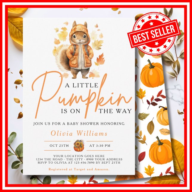 A Little Pumpkin Fall Autumn SQUIRREL Baby Shower Invitation (A Little Pumpkin is on the Way Fall Autumn Squirrel Baby Shower Invitation )