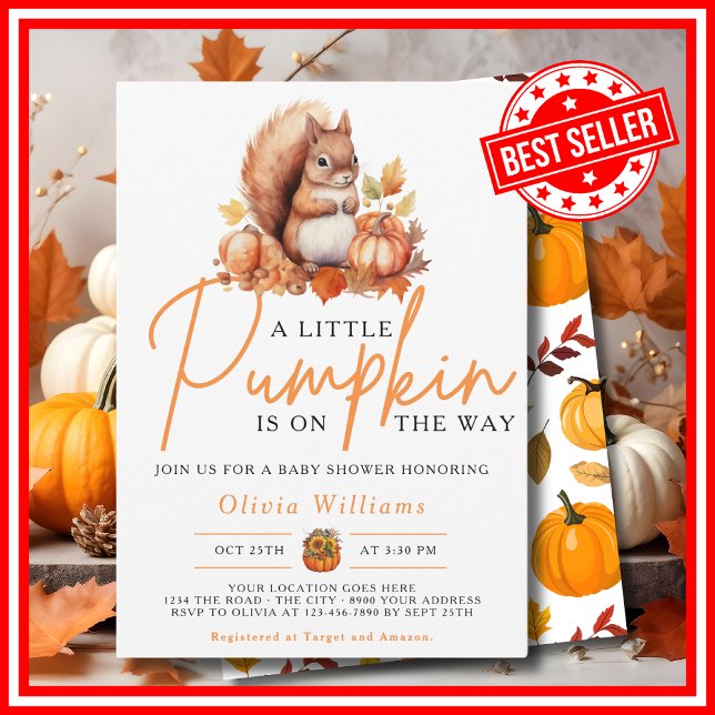 A Little Pumpkin Fall Autumn SQUIRREL Baby Shower Invitation (A Little Pumpkin is on the Way Fall Autumn Squirrel Baby Shower Invitation)