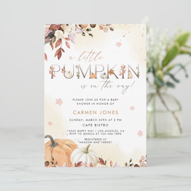 A Little Pumpkin Fall Baby Shower Gender Neutral Invitation (Standing Front)