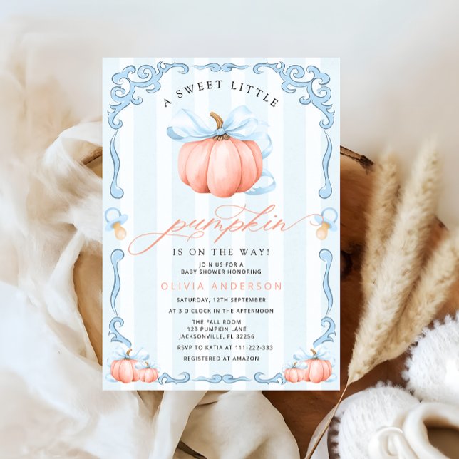 A Little Pumpkin Fall Blue Bow Baby Shower Invitation (Creator Uploaded)