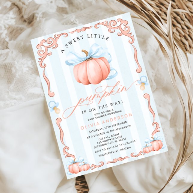 A Little Pumpkin Fall Blue Bow Boy Baby Shower Invitation (Creator Uploaded)
