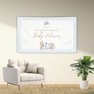 A Little Pumpkin Fall Blue Gingham Boy Baby Shower Banner