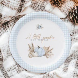 A Little Pumpkin Fall Blue Gingham Boy Baby Shower Paper Plate
