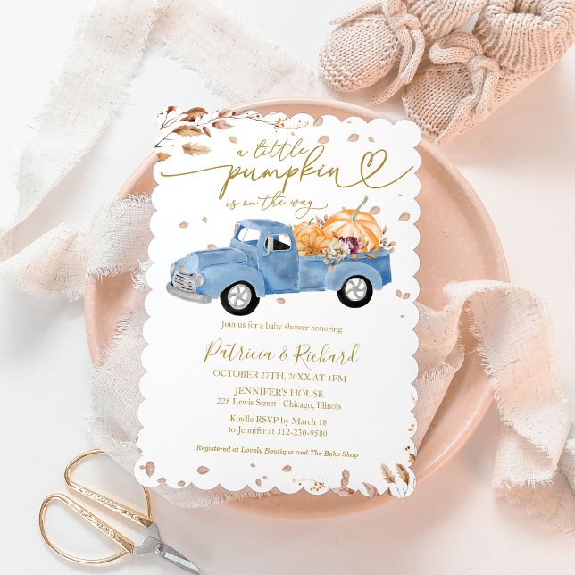 A Little Pumpkin Fall Boy Baby Shower Blue Truck Invitation (Creator Uploaded)