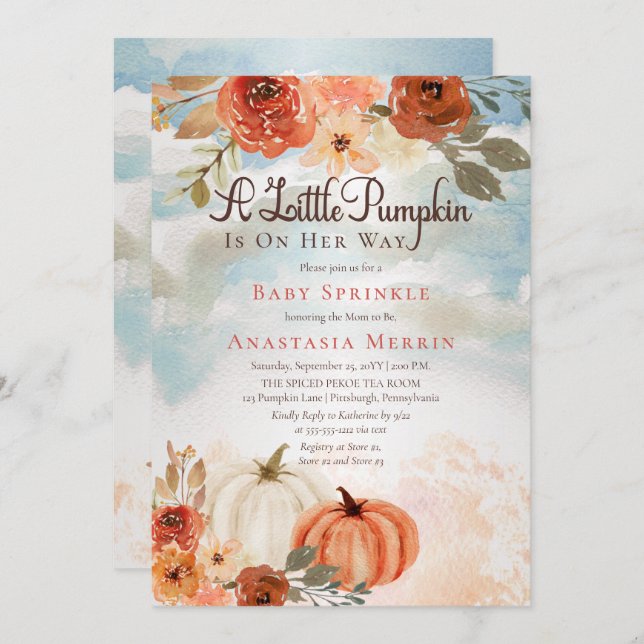 A Little Pumpkin | Fall Floral Girl Baby Sprinkle Invitation (Front/Back)