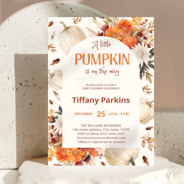 A Little Pumpkin Fall flower Baby Shower  Invitation (A little pumpkin is on the way! autumn-themed baby shower invitation with watercolor pumpkins)