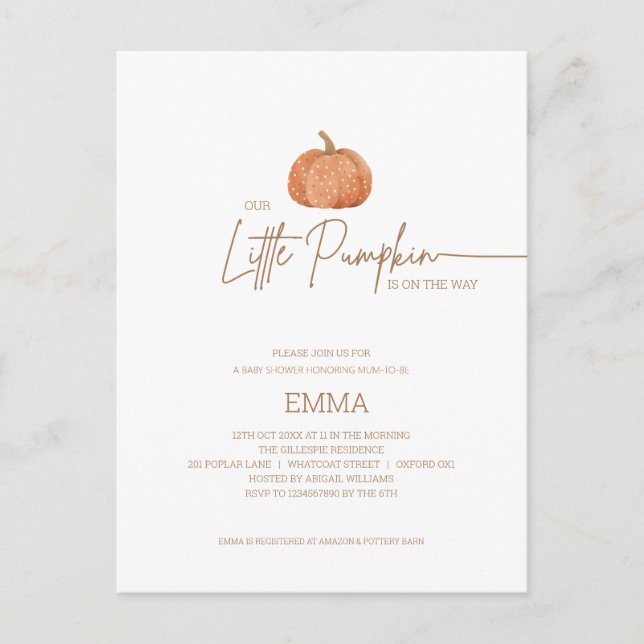 A Little Pumpkin Fall Gender Neutral Baby Shower  Postcard (Front)