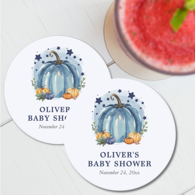 A Little Pumpkin Fall Theme Custom Boy Baby Shower Round Paper Coaster (Creator Uploaded)