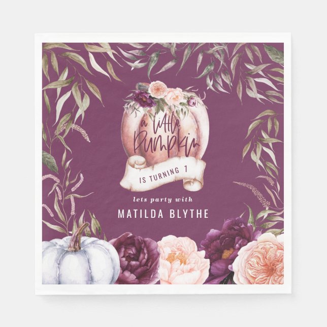 A little pumpkin floral fall 1st birthday party napkin (Front)