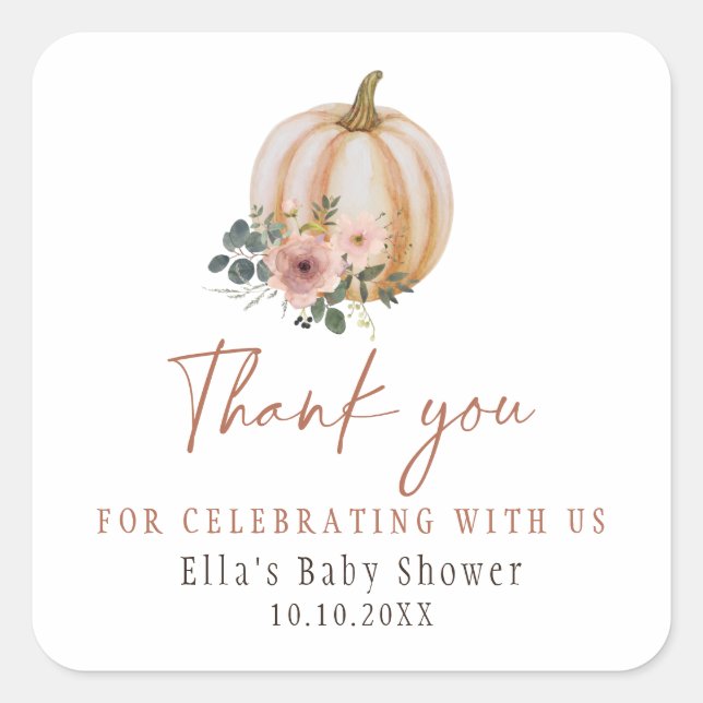 A Little Pumpkin Floral Fall Baby Shower Square Sticker (Front)