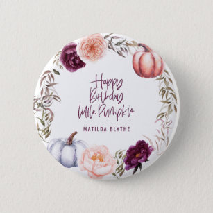 A little pumpkin floral fall birthday party  6 cm round badge