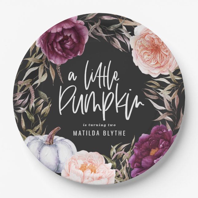 A little pumpkin floral fall birthday party paper plate (Front)