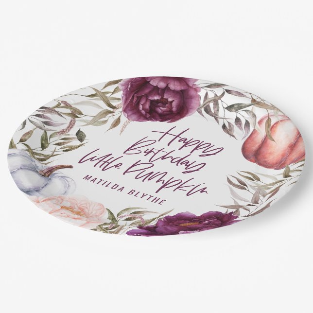 A little pumpkin floral fall birthday party paper  plate (Angled)
