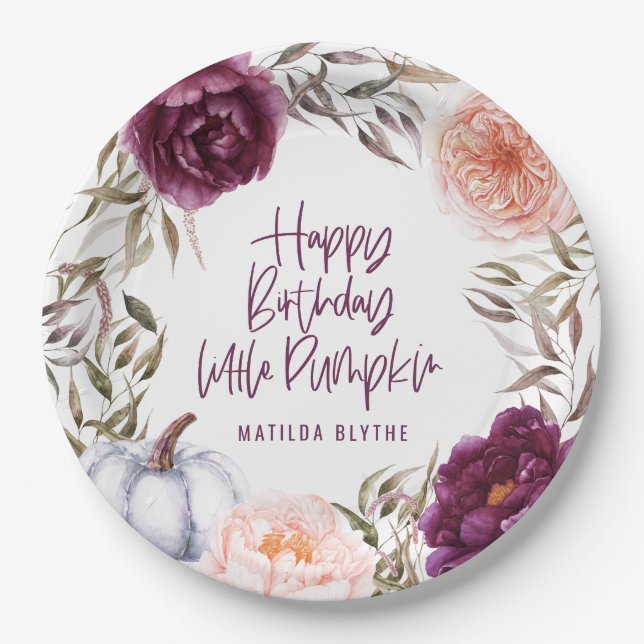 A little pumpkin floral fall birthday party paper  plate (Front)