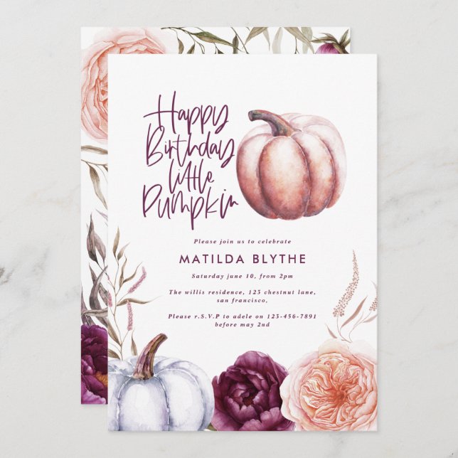 A little pumpkin floral fall purple peach birthday (Front/Back)