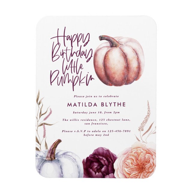 A little pumpkin floral fall purple peach birthday magnet (Vertical)