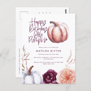 A little pumpkin floral fall purple peach birthday postcard