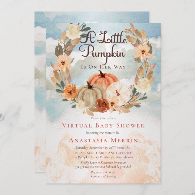 A Little Pumpkin | Floral Girl Virtual Baby Shower Invitation (Front/Back)