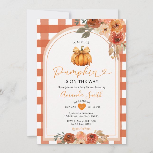 A Little Pumpkin Floral Orange Gingham Baby Shower Invitation (Front)