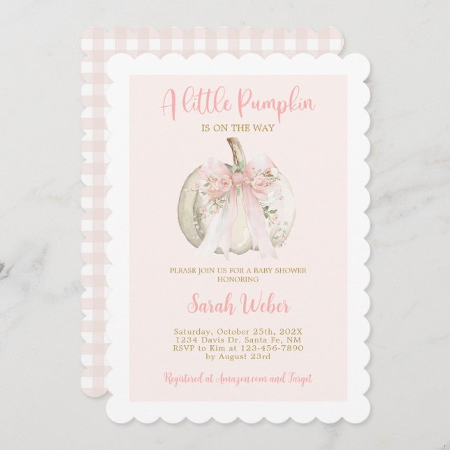 A little pumpkin gingham fall baby shower girl invitation (Front/Back)