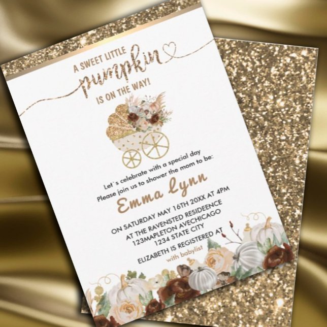 A Little Pumpkin gold Baby Shower Invitation (#zazzlemade #fallbabyshower #gold)