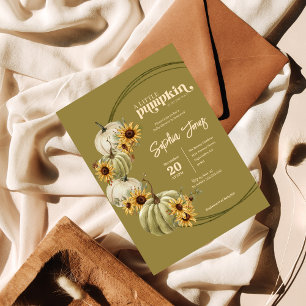 A little pumpkin   Green   Sunflowers baby shower  Invitation