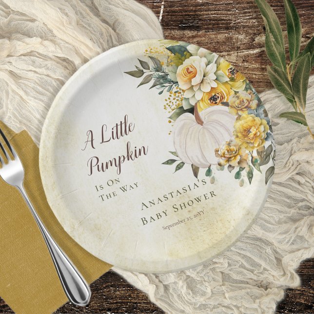 A Little Pumpkin Harvest Gold Floral Baby Shower Paper Plate (Boho chic elegant fall / autumn "A Little Pumpkin" gender neutral Baby Shower)