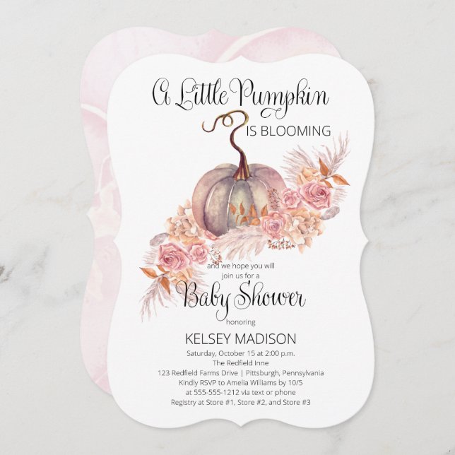 A Little Pumpkin Is Blooming Pink Baby Shower Invi Invitation (Front/Back)