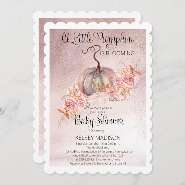A Little Pumpkin Is Blooming Pink Baby Shower Invitation (Front/Back)