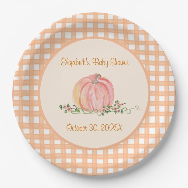 A Little Pumpkin Is On The Way Autumn Baby Shower  Paper Plate (Front)