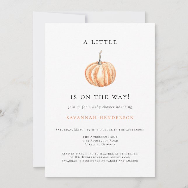 A Little Pumpkin Is On The Way Baby Shower Invitation (Front)
