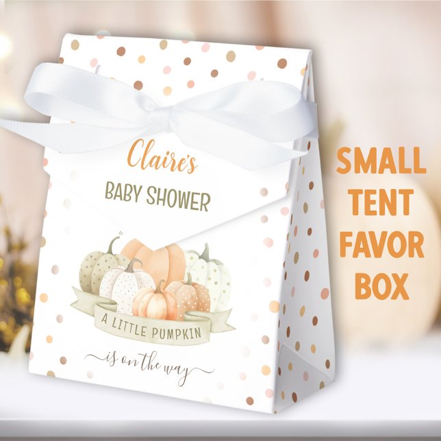A Little Pumpkin Is On The Way Boy Baby Shower Favour Box (Dotted Pumpkin favor box - You can choose from 2 sizes of these tent favor boxes)