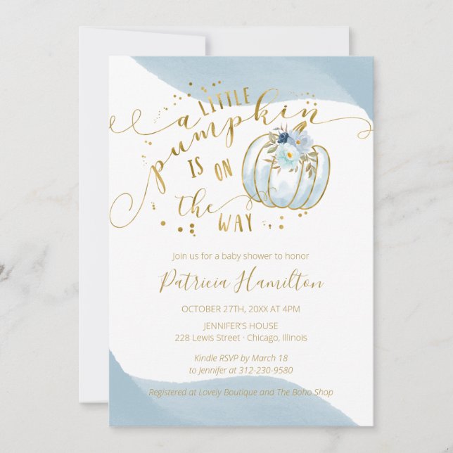 A Little Pumpkin Is On The Way Boy Baby Shower Invitation (Front)