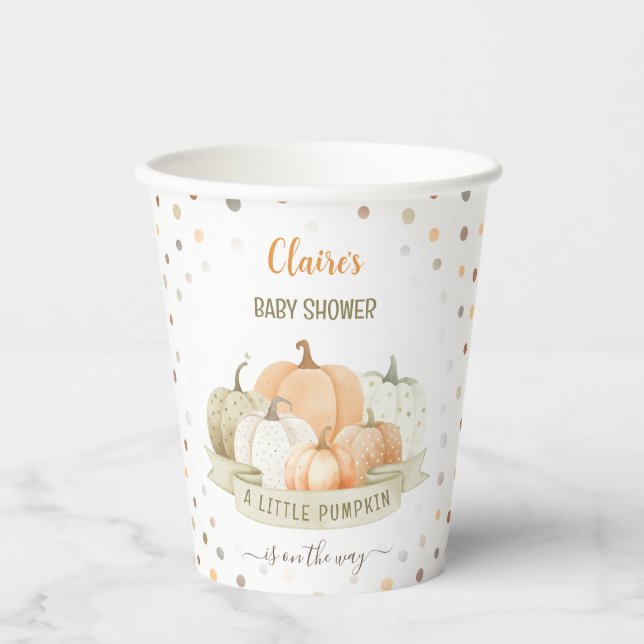 A Little Pumpkin Is On The Way Boy Baby Shower Paper Cups (Front)