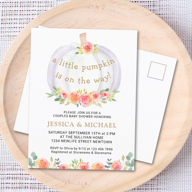 A Little Pumpkin Is on The Way Couples Baby Shower Invitation Postcard (Creator Uploaded)