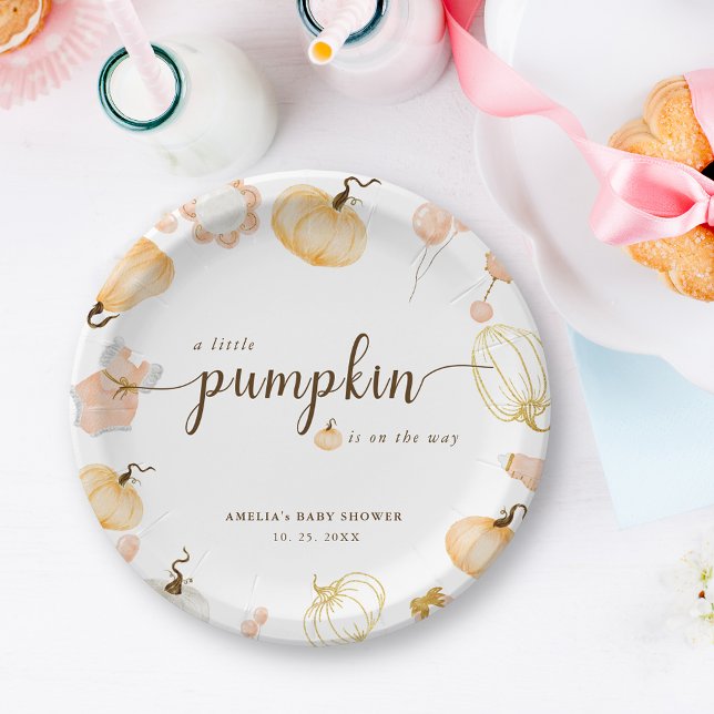 A Little Pumpkin Is On The Way Cute Baby Shower Paper Plate (Creator Uploaded)