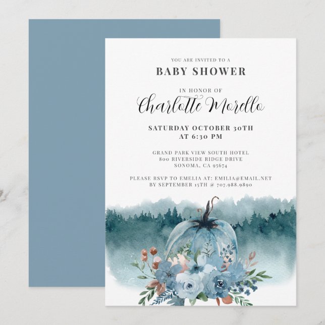 A Little Pumpkin Is On The Way Dusty Blue Autumn Invitation (Front/Back)