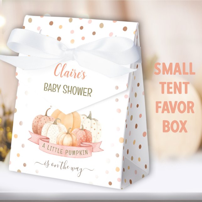 A Little Pumpkin Is On The Way Girl Baby Shower Favour Box (Dotted Pumpkin favor box - You can choose from 2 sizes of these tent favor boxes)