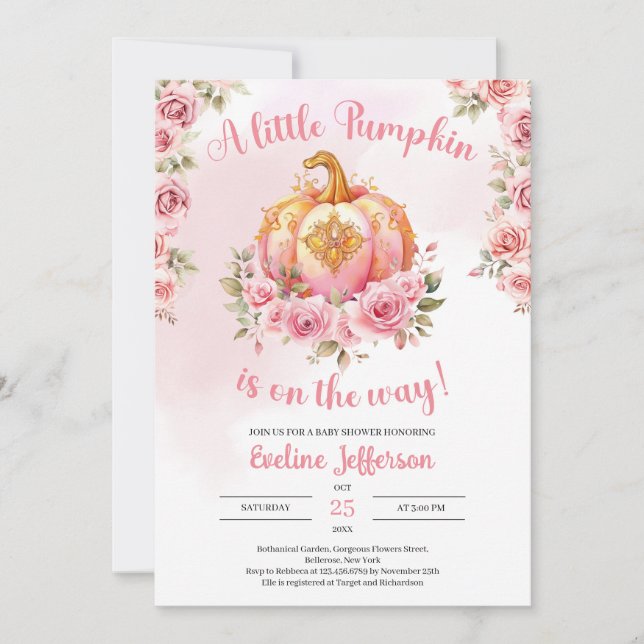 A little pumpkin is on the way pink and gold  invitation (Front)