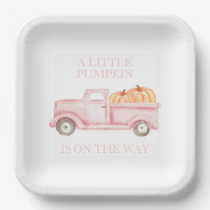 A Little Pumpkin light pink truck baby shower Paper Plate