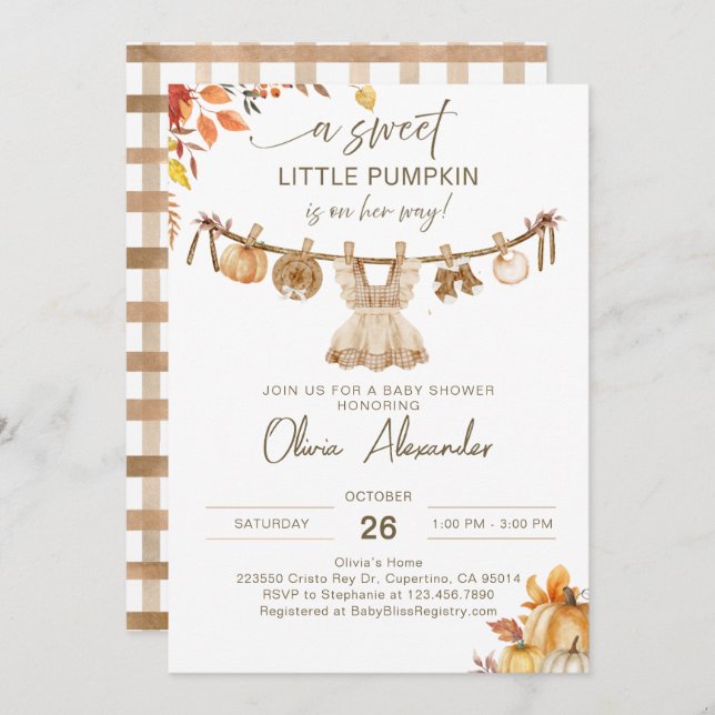 A Little Pumpkin On Her Way, Fall Laundry Boho  Invitation (Front/Back)