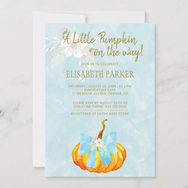 A little pumpkin on the way autumn baby boy shower invitation (Front)