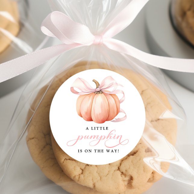 A Little Pumpkin on the Way Pink Bow Baby Shower Classic Round Sticker (Creator Uploaded)